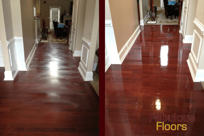 A before and after shot of a hardwood floor refinishing in Newark, NJ