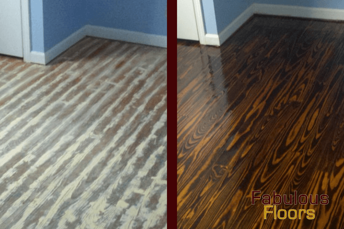 A before and after shot of a hardwood floor refinishing in Wantage, NJ