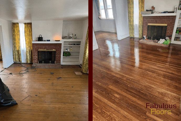 before and after floor refinishing in a living room in hackensack